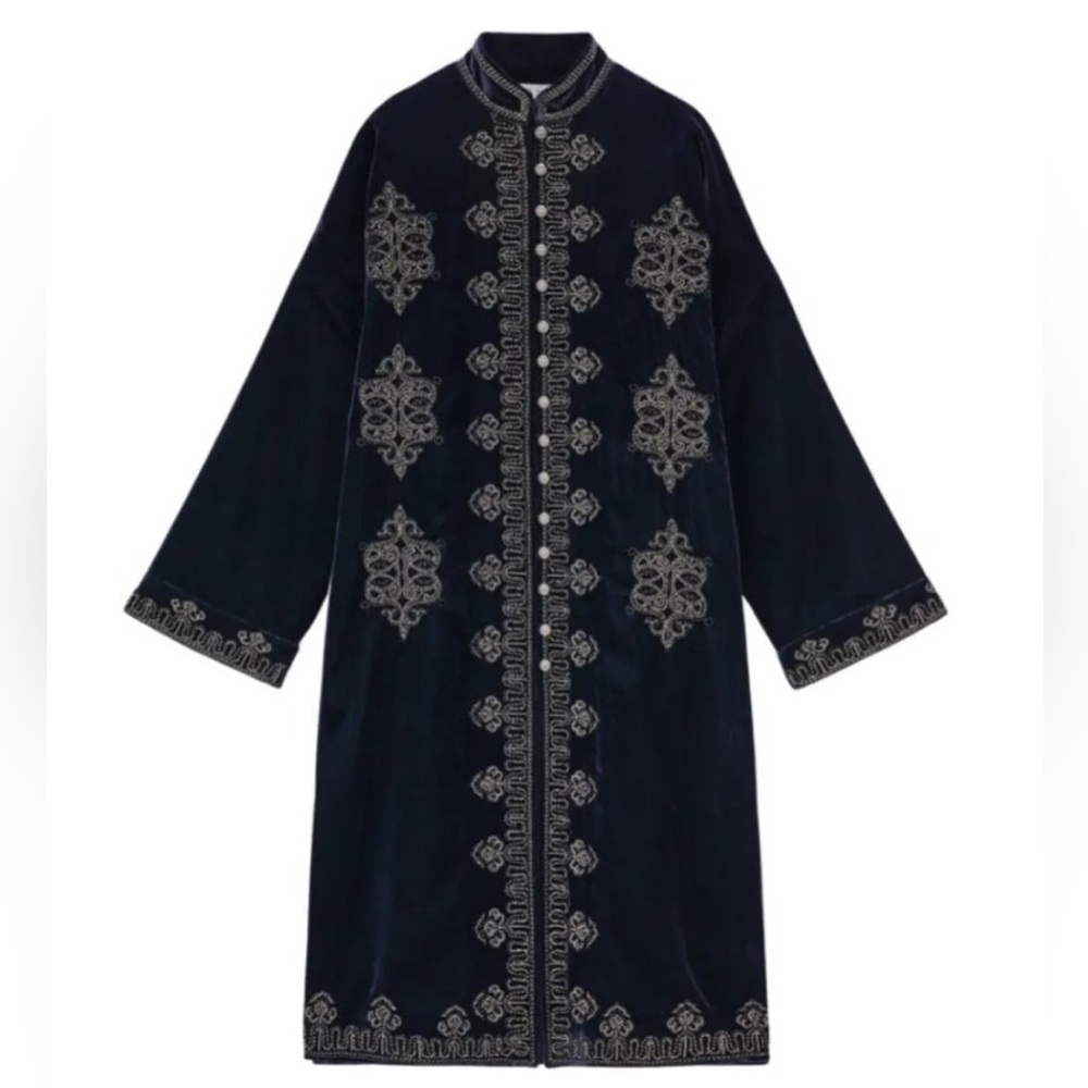 Zara Women’s Mandarin Collar Beaded Embroidered Velvet Kimono Dark Blue MEDIUM